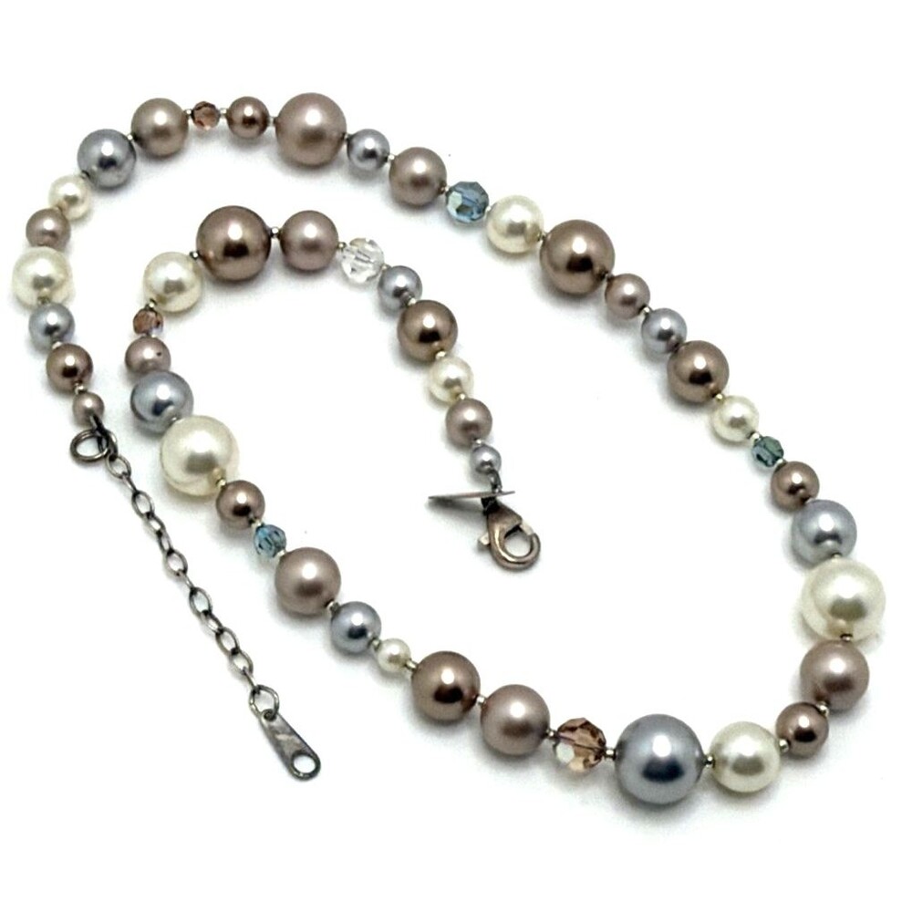 Holly Yashi Café Au Lait Necklace Cream Grey Pearls Austrian Blue Crystals 16”